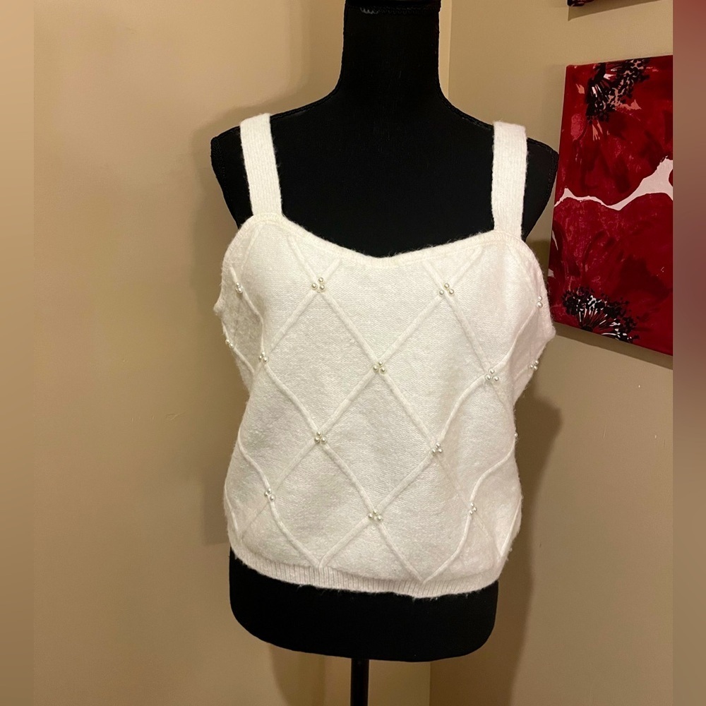 Broadway 38 Wool Blend Pearl Embellished Crop Tank Top, Size Large